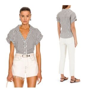 Frame | Striped Rolled Cuff Button-Down Top | Black/White | M